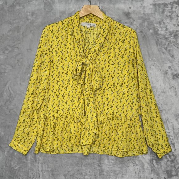 LOFT Blouse Womens Petites Small Yellow Floral Tie Neck Long Sleeve Peplum - Picture 1 of 8